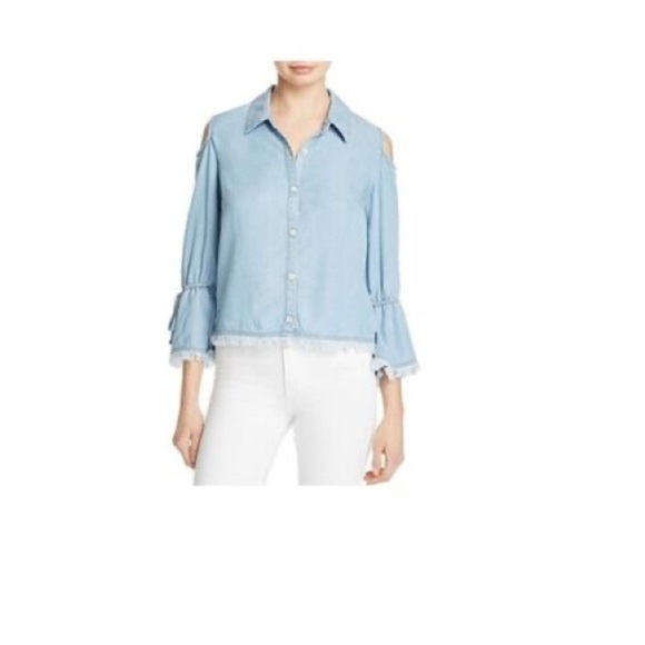Splendid cold shoulders button down shirt blue chambray denim frayed edges M - Picture 3 of 14